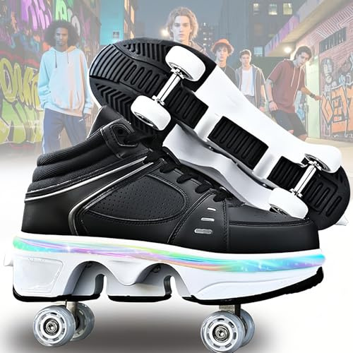Rollerskates womens,Quad Kick Roller Skates for kids,LED Inline Skates Deformation Trainers for Adults Beginners,Sneakers with Invisible Wheel for boys (A, UK-7)