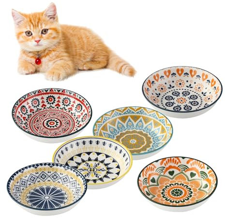 HAOYULUO 6 Stück Katzennapf, Keramik, 14 x 3.5 cm Futternapf für Katzen, bunte Napfset, Wasser- und Futternapf für Kätzchen