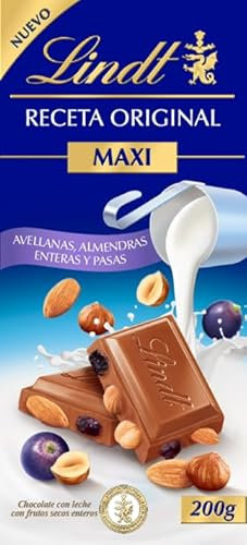 Lindt Tableta de Chocolate con leche con Avellanas, Almendras y Pasas, chocolate Lindt, cremoso y suave, chocolate suizo tradicional, 200gr