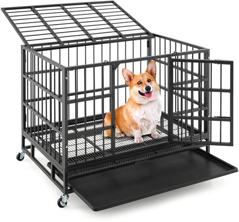COSTWAY 38''/48'' Heavy Duty Dog Crate, Foldable Dog Cage on Wheels with Removable Tray, Double Doors, Metal Puppy Kennel for Small, Medium and Large Dogs