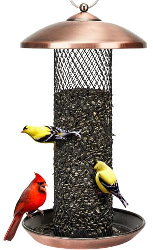 Kingsyard Mesh Tube Bird Feeders for Outdoors Hanging, All Metal, Wild Bird Feeder for Sunflower Seeds or Mealworm, Large Tray & Weatherproof Roof, 2.5 lbs Capacity (Antique Copper)
