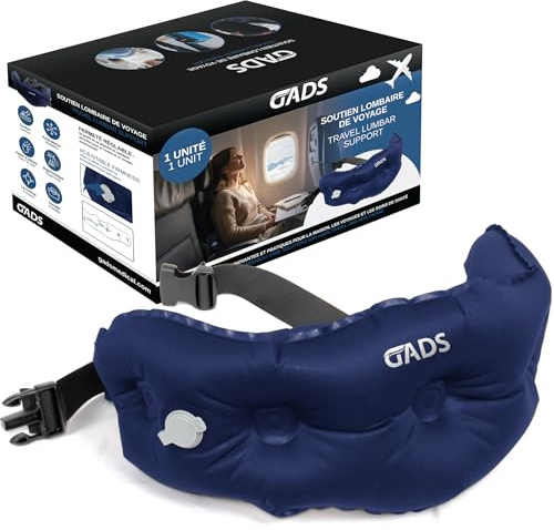 Gads Cuscino gonfiabile da viaggio per aereo, cuscino lombare per aereo, auto, ufficio, supporto per la schiena compatto, portatile, cinghia regolabile, piccolo cuscino lombare da viaggio, facile da