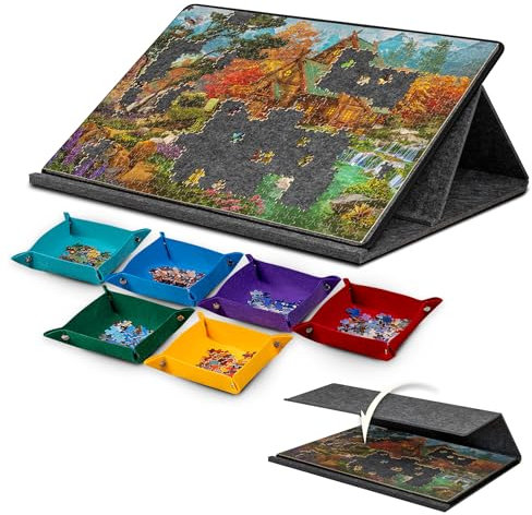 Lavievert Tragbares Puzzlebrett mit 6 farbigen Sortierfächern, kippbares Puzzlebrett mit 2-in-1 Puzzleständer & Abdeckung, leichtes Puzzlemattenplateau mit Winkeleinstellungen, für 1000 Teile Puzzlesp