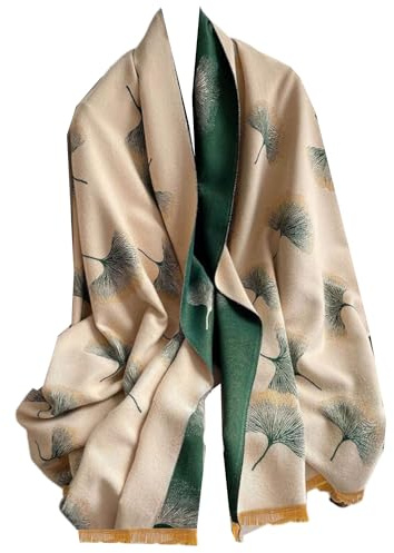 GFM® Damen-Schal mit Ginkgo-Blumen, Kaschmir-Textur, Pashmina-Stil, für Herbst, Winter, Weihnachten (FRLSHL-GG), Gnk-Beige-Grün, L