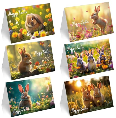 Happy Easter Cards Multipack with Envelopes, 12 Pcs Easter Greeting Cards, Easter Egg Floral Bunny Note Cards for Kids and Family, Vivid Easter Bunny Cards for Easter Party