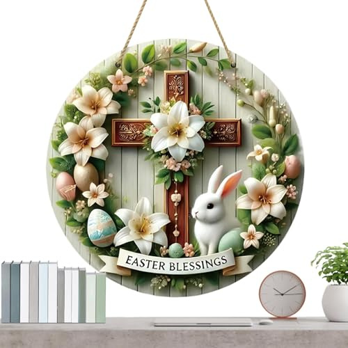 Cartello di benvenuto per porta d'ingresso, cartello di benvenuto in legno per portico anteriore, decorazione da parete, rotondo da 20 cm, decorazione pendente con coniglietto con uova