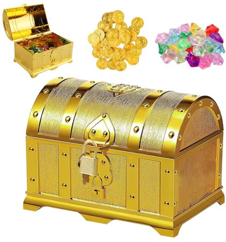 TXErfolg Scrigno del tesoro con monete d'oro Scrigno del Tesoro Monete Piccoli scrigni del tesoro Baule del Tesoro con gemme lucchetto d'oro per Regalo per bambini(14x11x10cm)