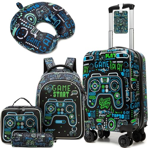 Homskiii Kid's Luggage Set 5 Piece Suitcase Set 16 Hardside Luggage with Spinner Wheels Boys Carry on Toddler Travel Rolling Luggage Airline Approved