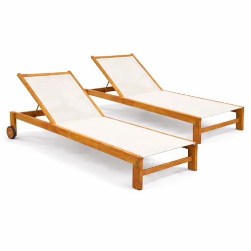 TEMPO STYLE Set 2 Lettini Prendisole in Legno Teak con Ruote JAVA | Sdraio Giardino Reclinabile 4 Posizioni con Tela Traspirante | Lettini Piscina Outdoor Premium | (Beige)