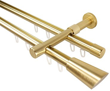 iso-design Gardinenstangen Innenlauf 2-läufig Farbe Messing matt, 20 mm Durchmesser, Wandmontage, Gardinenstangenkomplettset aus Metall mit Wandhaltern und Endstück Digo, 200 cm