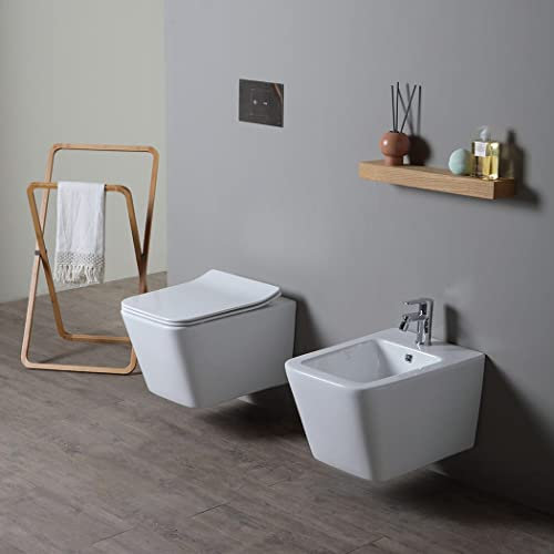 Kiamami Valentina - Coppia di Sanitari Sospesi in Ceramica Rimless | Smalto Antibatterico | Sistema di Risciacquo Efficiente | Bidet con Foro Miscelatore | Soft Close, Bianco Sospeso