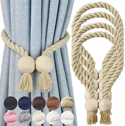 Nieffeiy 4 Pack Magnetic Curtain Tiebacks Cotton Hand Woven Tie Back Decorative Rope Holdbacks for Curtains Draperies No Tools Required, Dark Beige