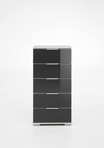 möbelando Hochkommode Easy Plus Kommoden in weiß mit 5 Schubladen und Absetzungen in Weiss + Glas Grey. Abmessungen (BxHxT) 49x102x41 cm