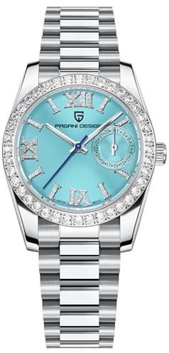 Pagani Design Frauen Elegante Quarzuhr, Luxus Diamanten Armbanduhr für Frauen, Edelstahl, Datum (Blau)