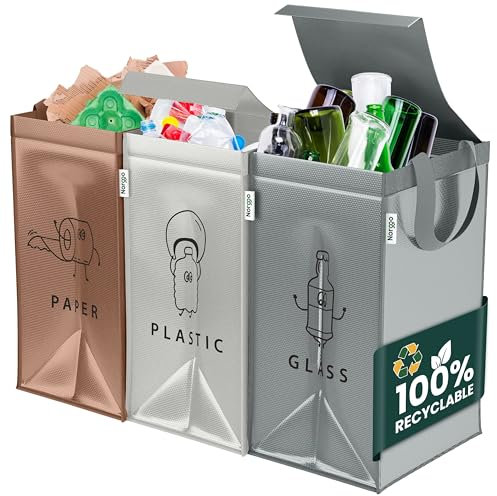 Norggo® Mülltrennsystem 3fach – Set aus 3 Mülltrennsysteme für Plastik, Papier und Glas – Recycling Behälter 40L mit Griff – Abfall & Recycling Lösung – Mülltrennsystem Küche – Altpapier & Altglas