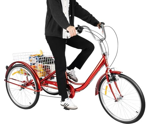 Sichensh trehjuling för 24 tum vuxna, 3 hjul 6 växlar vuxen cykel med shoppingkorg och ljus höjdjusterbar trehjuling, trehjuling för äldre trehjulingar (röd)