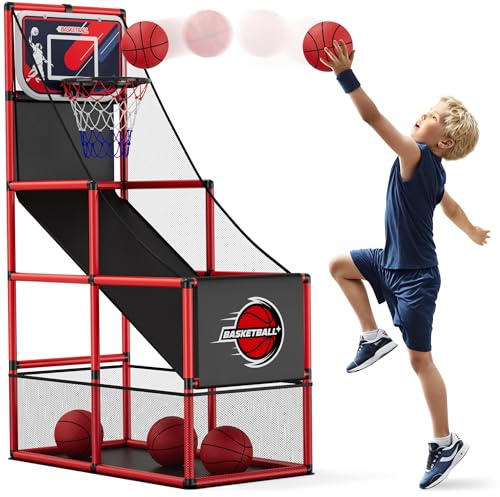 HYES Jeu d'arcade de basket-ball, panier de basket-ball pour enfants avec 4 balles et pompe, panier de basket-ball à tir unique, pour intérieur et extérieur, jeux d'arcade, jouets de sport, cadeaux