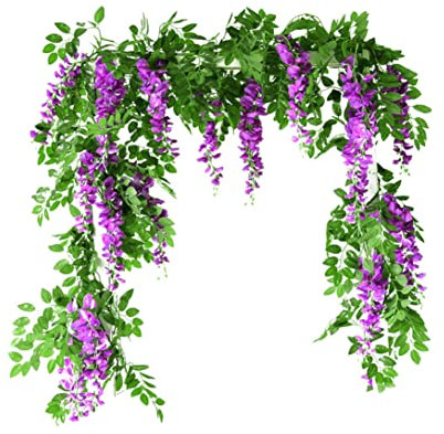 Artificial Wisteria Hanging Flower Vine Garland - 1.8m Garden Screening Fence Hedge Screen Expanding Leaf Trellis Panels Roll in Purple