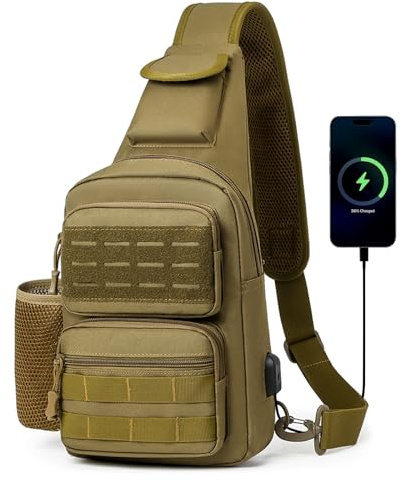 HUNTVP Taktische Brusttasche Herren Sling bag Militär Schultertasche Umhängetasche Tactical Chest Bag MOLLE Crossbody Bag für Alltag Reisen Wandern Camping (Braun)