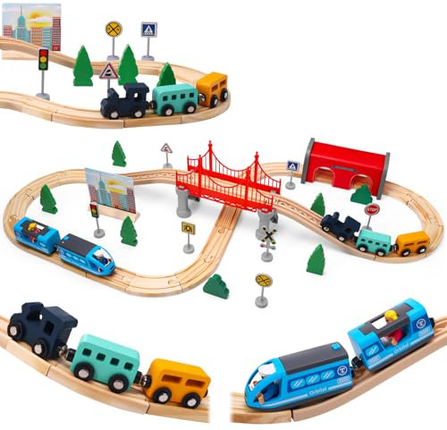 Wooden Train Set 52PCS, Electric Train Sets with Wooden Train Track, Magnetic Train, Bridge Track Railway Kits for Kids Boys Ages 3+ Years Old, Birthday Christmas New Year Gifts for Kids Boys Girls