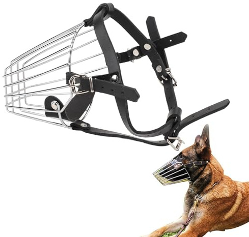 Museau de Chien, Sangles Réglables et Boucles Panier en Fil Métallique avec Sangles en Cuir, Empêcher la Mue Une Museau pour Un Chien de Grande Taille Moyenne