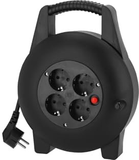 BERGER Schutzkontakt Kabeltrommel 7,5 m | Kompakte Kabelbox mit 4 Schuko-Steckdosen & Sicherheitsverschluss | Innenbereich IP20, belastbar bis 3000W | Verlängerungskabel Stromkabel Aufroller