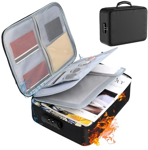 Fireproof Waterproof Document Box - 14.6''×11.4''×4'' Large Capacity Document Bag with Lock, 3-Layer Office A4 File Storage Box Portable, Document Organizer for Passports, Certificates, Legal Files