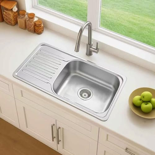 Melanstar Évier encastrable en acier inoxydable - 66 x 42 cm - 1 bac avec égouttoir - Montage encastré avec bonde