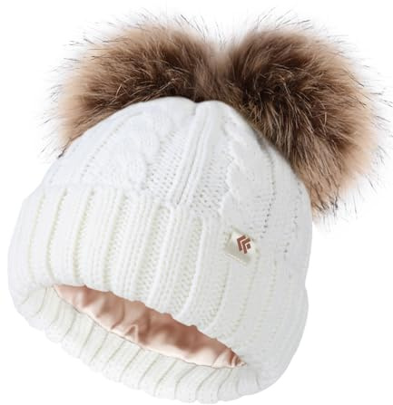 Creekstone Vintermössa med satinfoder för lockigt hår, varm stickad mössa med dubbel pompoms för kvinnor, Pom Pom Pom Beanie, Vit, one size