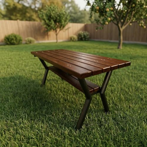 REKORD Mesa de jardín maciza, 170 x 65 x 74 cm, resistente a la intemperie, de acero y madera, robusta mesa de terraza para jardín, parque y gastronomía, mesa de comedor estable al aire libre