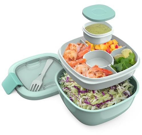 Bentgo Salad Container - 54 oz Bowl with 4-Compartment Toppings Tray, Leak-Proof Dressing Container, Reusable Fork, BPA-Free Lunch Box for Meal Prep & Food Storage; Removable Bento Tray (Coastal Aqua)