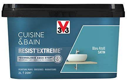 V33 Peinture multi-supports monocouche Cuisine & Bain Resist'Extrême® Satin, Bleu Atoll, 2L