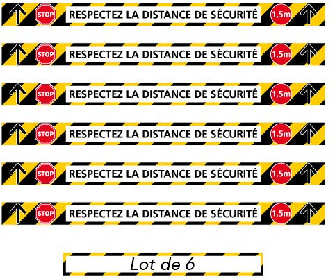 Signalisation de Sol - Lot de 6 Bandes de Marquage au Sol Adhésive Avec Colle Forte - Respecter La Distance de Sécurité de 1,50 m - Dimensions 700 x 50 mm - Coloris Jaune