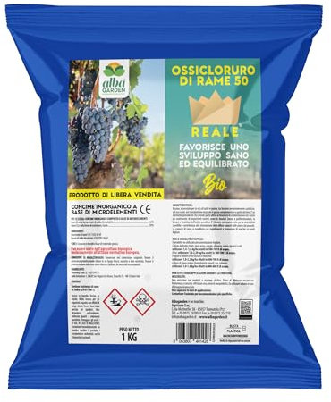 Albagarden - Ossicloruro Di Rame 50% + Boro - Verderame Per Piante, effetto Fungicida per Piante - Concime contro Malattie Peronospora, Bolla del Pesco, Oidio - Polvere Bagnabile Biologica x 1 kg