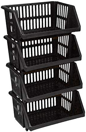 Large 4 Tier Stacking Baskets Storage Veg Rack Plastic Stackers, Black, Length 35.5 cm x Depth 28.5 cm x Height 17.5 cm (Graphite)