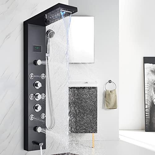 Saeuwtowy LED Columna Ducha Hidromasaje Negro Acero Inoxidable 5 Función (2 funciones cabezal de ducha LED, ducha de mano, corporales de masaje, grifo de bañera) y pantalla LCD Temperatura