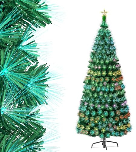 XMTECH 210cm LED Künstlicher Weihnachtsbaum mit Glasfaser-Farbwechsler und Sternspitze Tannenbaum Christbaum PVC Nadeln, ideal für Zuhause und im Büro,Bunte Glasfaser