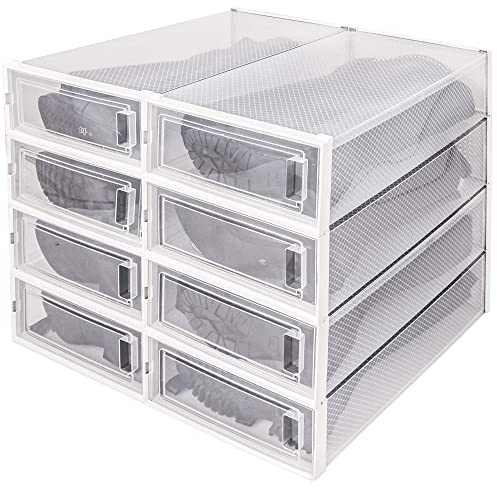 DHMAKER Boot Storage Box, 8 Pack Stackable Boot Boxes for Tall Boots, Boot Boxes Clear Plastic Stackable with Lid Drop Front Boot Organizer, White