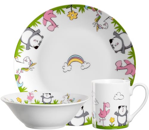 LEONARDO HOME Bambini 023151 Service de table pour enfant 3 pièces en porcelaine de qualité supérieure Passe au lave-vaisselle Passe au micro-ondes Robuste Avec motifs animaux panda, licorne, flamant