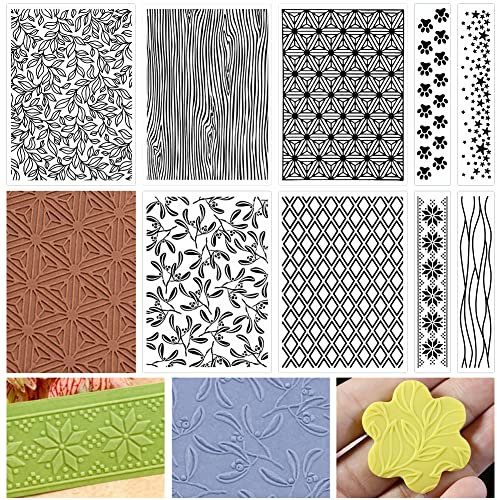 Präglingsmappar lerstämplar för polymerlera örhängen för att göra präglingsverktyg geometriska texturerade blommor keramik stämplar polymerlera roller lera texturark (9 st) (9 st – A)