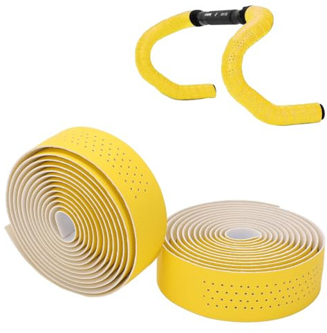 Tissting 2 Stück Fahrrad Lenkerband 200 x 3 cm 3mm Dicke PU Leder EVA Selbstklebende Lenker Band mit Abklebeband und Lenkerstopfen, Rutschfest Griffband für Mountainbike Rennrad, Gelb
