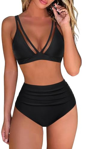 Bikini Mujer Sexy Traje de Baño de Dos Piezas para Mujer Cuello en V Ropa de MujerPush-up Sujetador Acolchado Bikini Braguitas de Cintura Alta Control de Vientre