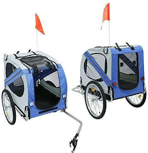 HUOLE Remolque de Bicicleta Perros Plegable Carrito de Transporte para Mascotas con 1 Bandera 4 Reflectores Enganche y Cubierta de Lluvia Tela Oxford (137 * 73 * 90cm (Gris Azul))
