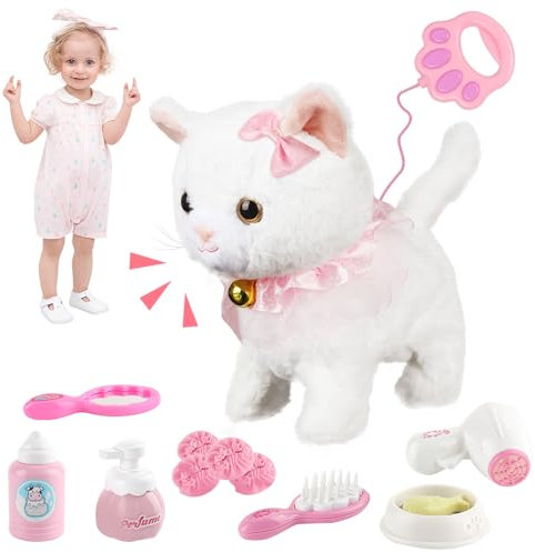 YANGUN Interaktives Plüschtier Katze, Kuscheltier Katze weiß, Realistische interaktive Haustierkatze, Plüschtierkatze mit Ferngesteuerter, die läuft,bellt und mit dem