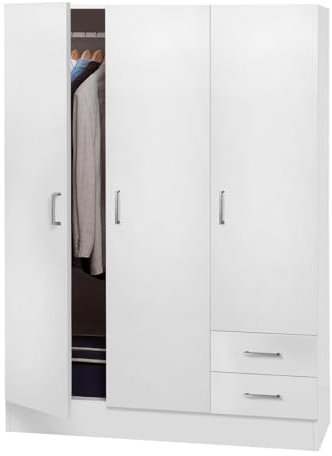Bissolo Casa Armadio 3 Ante con 2 Cassetti – Guardaroba Moderno Bianco Opaco, Spazioso e Salvaspazio (120x50x170 cm)