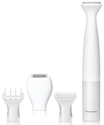 Panasonic Bikini Trimmer and Shaver for Women with 4 Attachments for Fast Easy Gentle Grooming in Intimate Areas, Use Wet/Dry, Electric Razor, Battery-Operated – ES-WV62-H (White/Silver)