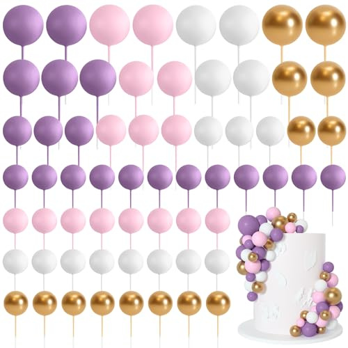 Bouiexye 75 palline decorative per torta, in schiuma, per cupcake, mini palloncini, decorazioni per feste di compleanno, matrimoni (viola, rosa, oro, bianco)