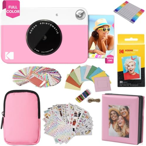 KODAK Printomatic fotocamera a stampa istantanea + custodia morbida + carta fotografica Zink 2x3 20pz + album + adesivo + cornici per adesivi + cornici sospese + pennarelli - Rosa