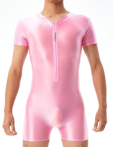 AIEOE Glänsande kroppsdräkt för män, hög elastisk bodysuit, glänsande brottningslinne med dragkedja framtill, boxershorts basdräkt, endelad bodysuit för hemmakläder, Rosenröd, XL