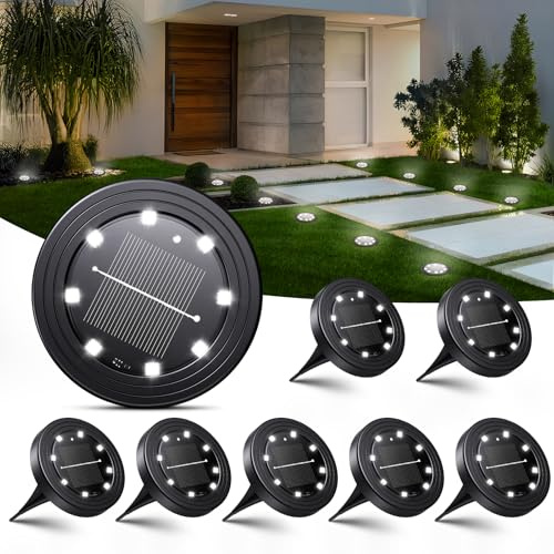 Famgoods Solar Ground Lights, 8 Pack Solar Lights Outdoor Garden IP68 Waterproof, 8 LED Cool White Path Lighting with 800mAh Battery for Modern Driveways/Yard Borders/Lawns/Flower Pots